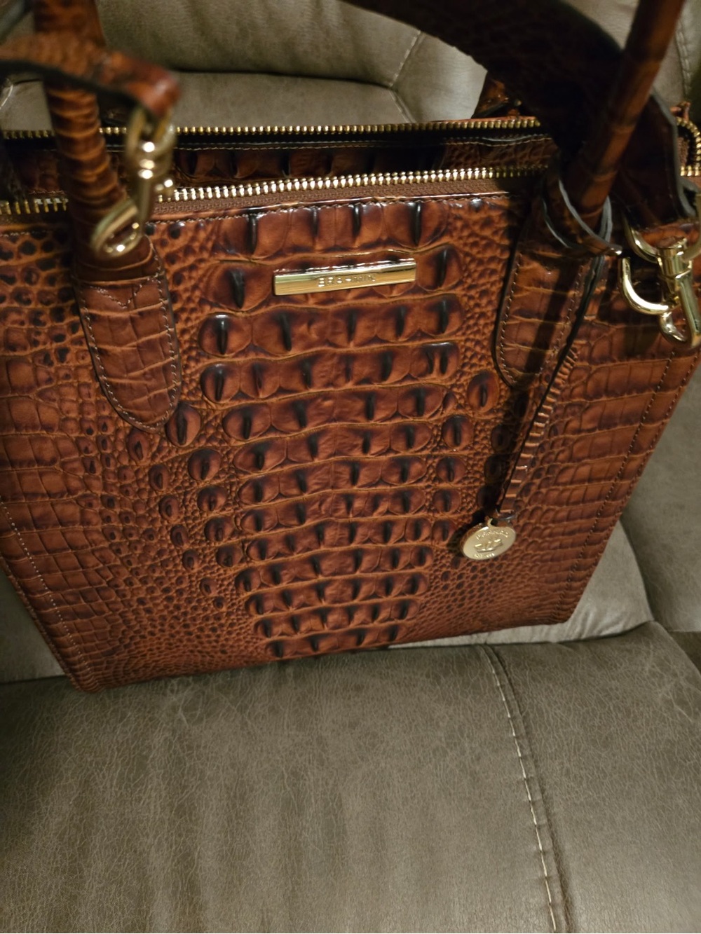Brahmin Croc-Embossed Chestnut Brown Satchel with Gold Hardware